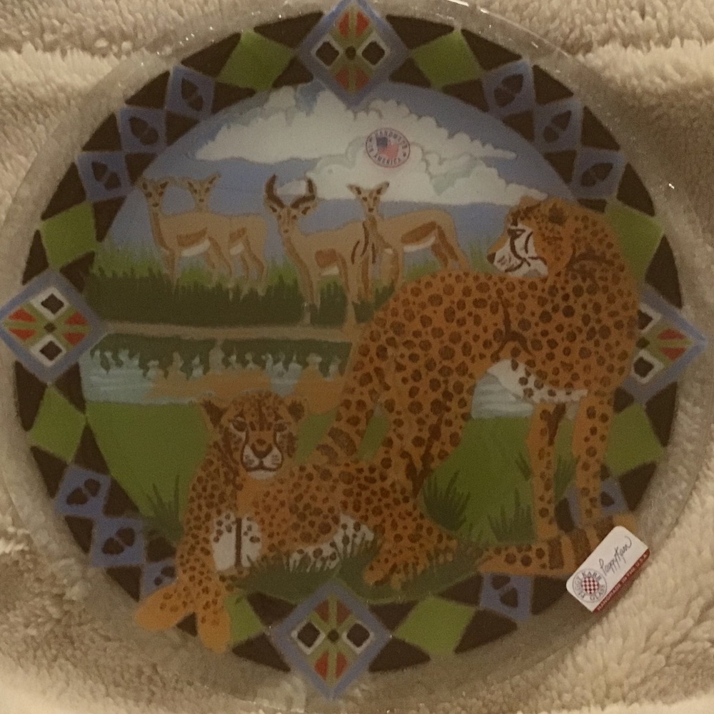 Vintage RARE SIGNED Peggy Karr Glass Cheetah 11” Round